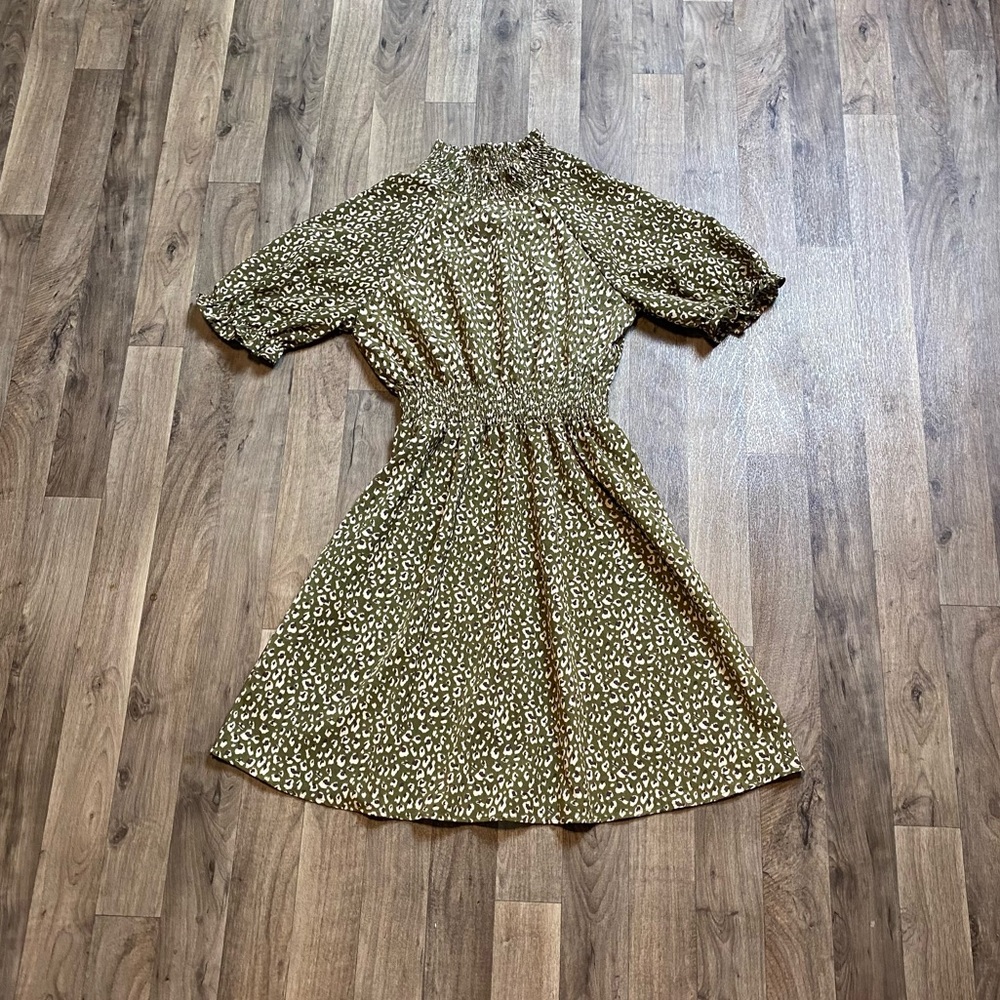 Hayden Green Floral Cheetah Print High Neck Ruffle Dress Size Small Cottagecore